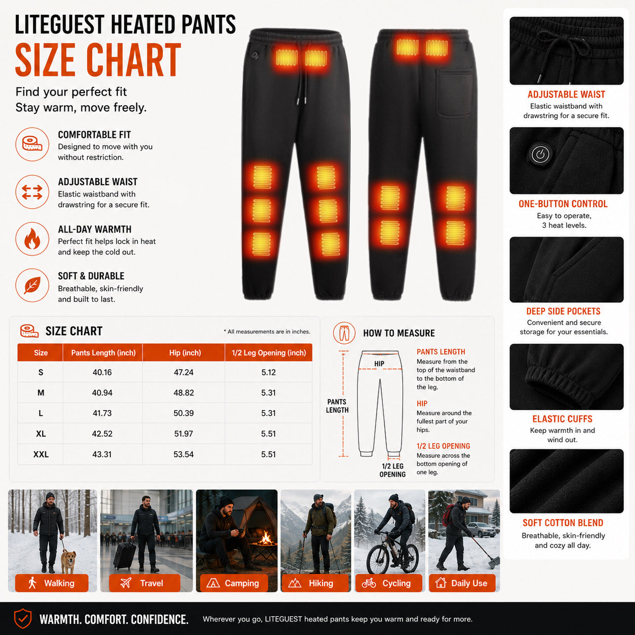 LITEGUEST 14-Zone USB Heated Pants | Soft Cotton Winter Warmth