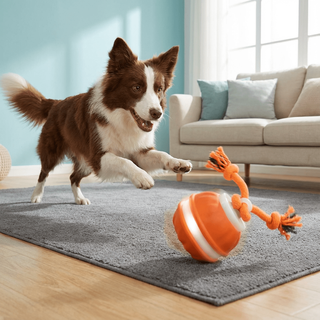 Interactive Dog Toy Motion Sensor Ball with Tug Rope Active Play Toy