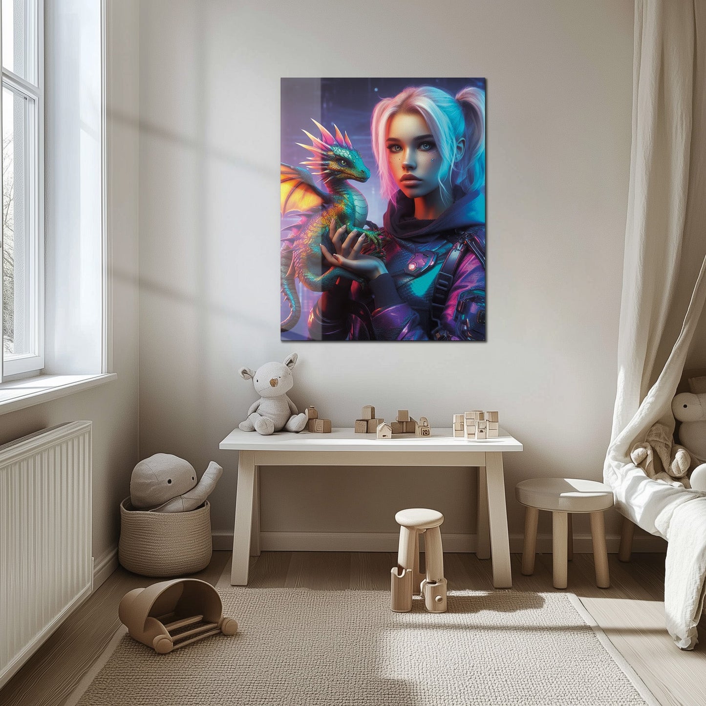 Cyberpunk Girl and Dragon Glass Wall Art – Neon Fantasy Sci-Fi Character Design-KAFCD008