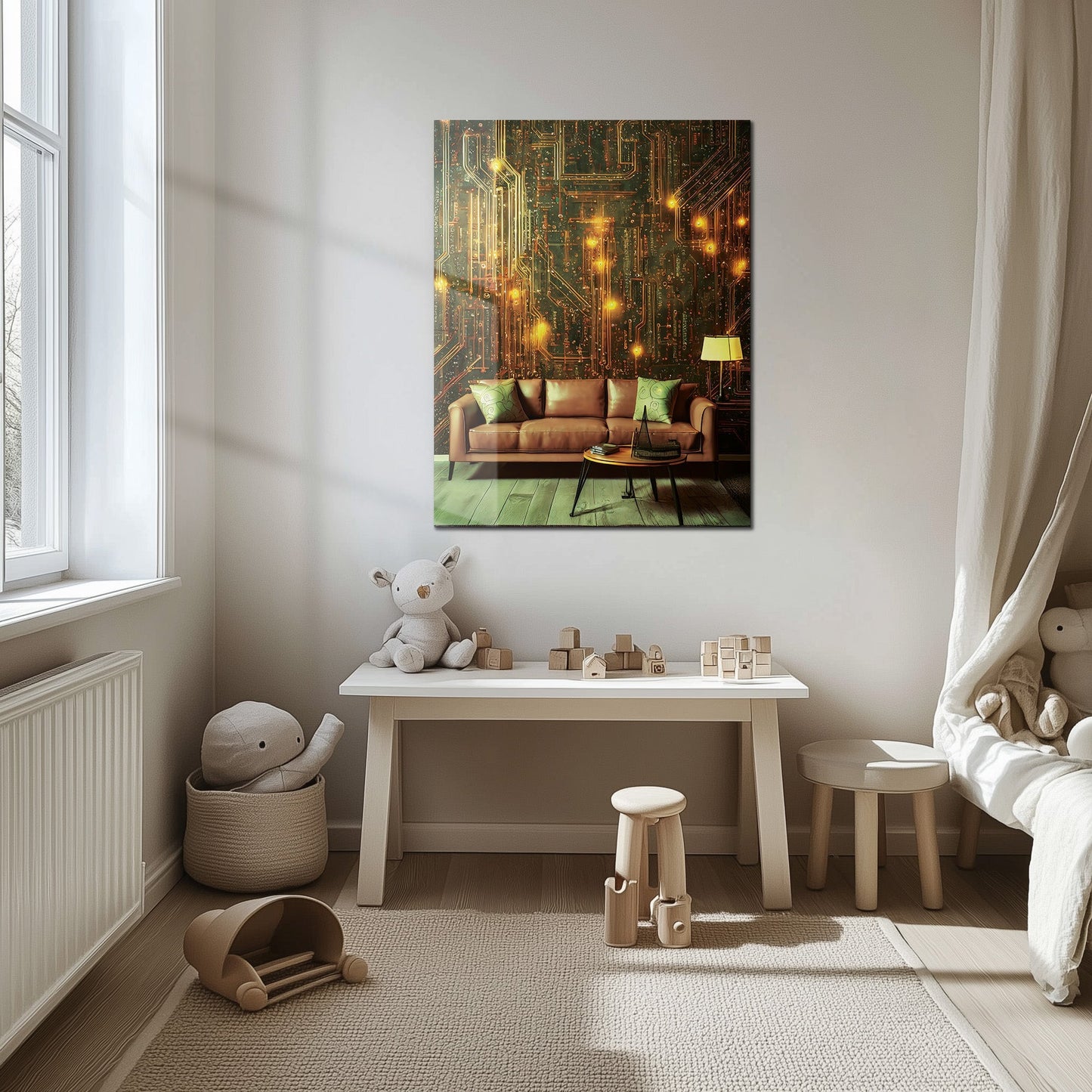 Circuit Board Living Room Glass Wall Art – Futuristic Tech-Inspired Home Scene-KAFCD010