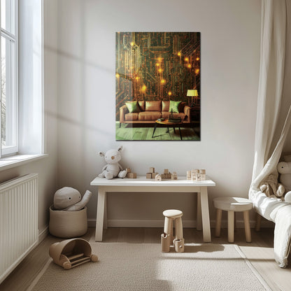 Circuit Board Living Room Glass Wall Art – Futuristic Tech-Inspired Home Scene-KAFCD010