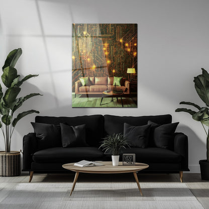 Circuit Board Living Room Glass Wall Art – Futuristic Tech-Inspired Home Scene-KAFCD010