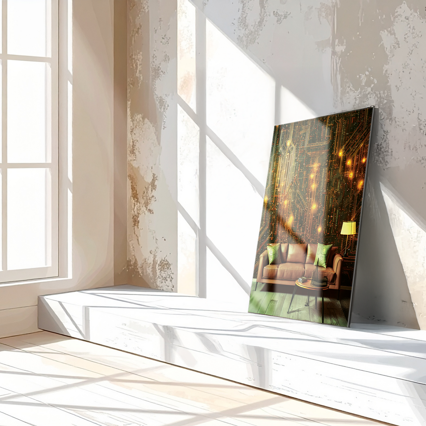 Circuit Board Living Room Glass Wall Art – Futuristic Tech-Inspired Home Scene-KAFCD010