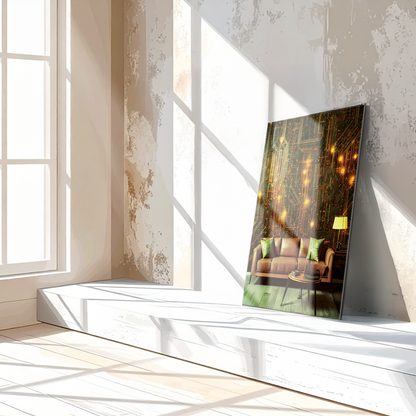 Circuit Board Living Room Glass Wall Art – Futuristic Tech-Inspired Home Scene-KAFCD010