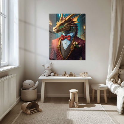 Dapper Dragon Gentleman Glass Wall Art – Fantasy Beast in Elegant Red Suit-KAFCD011