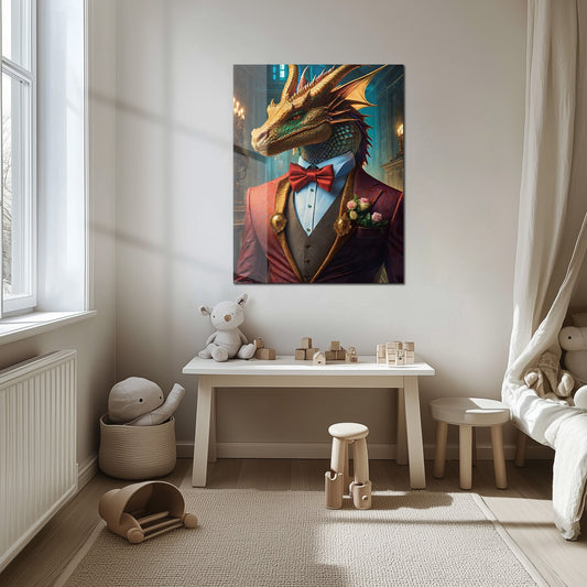 Art mural en verre Dapper Dragon Gentleman – Bête fantastique en élégant costume rouge-KAFCD011