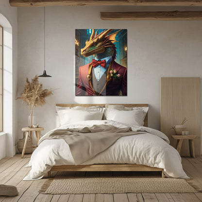Dapper Dragon Gentleman Glass Wall Art – Fantasy Beast in Elegant Red Suit-KAFCD011