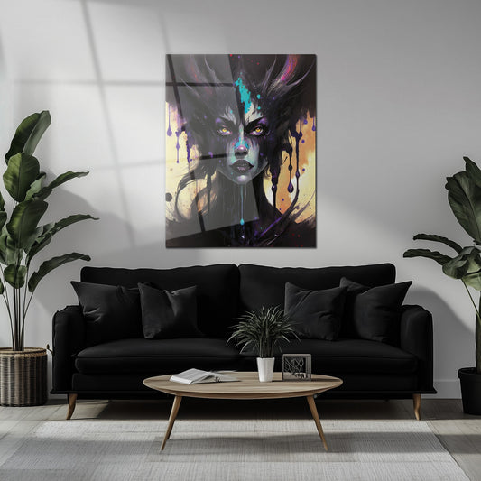 Tableau mural en verre « Reine de l'ombre dégoulinante » – Portrait fantastique gothique avec peinture abstraite – KAFCD013