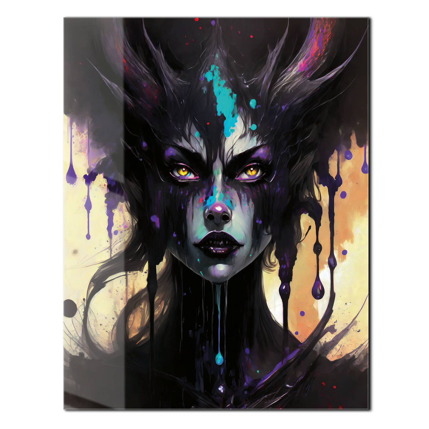 Dripping Shadow Queen Glass Wall Art – Gothic Fantasy Portrait with Abstract Paint-KAFCD013
