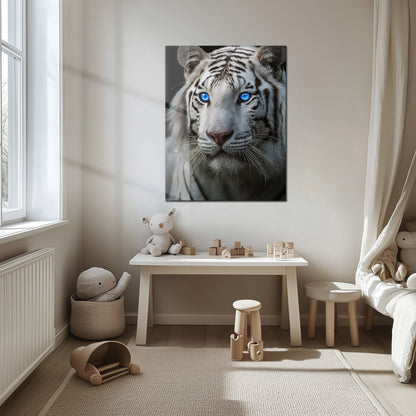 Art mural en verre Tigre blanc aux yeux bleus – Portrait saisissant d'une faune majestueuse au regard perçant-KAFCD016