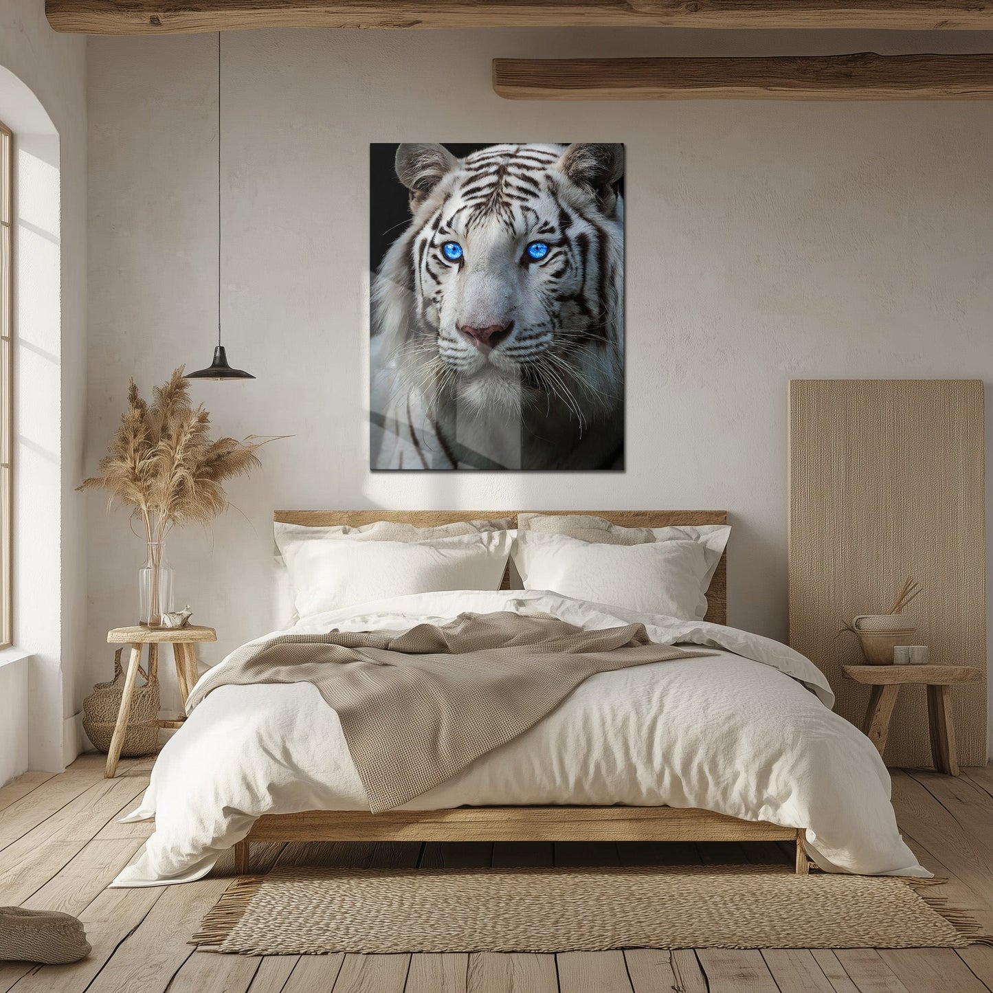 Art mural en verre Tigre blanc aux yeux bleus – Portrait saisissant d'une faune majestueuse au regard perçant-KAFCD016