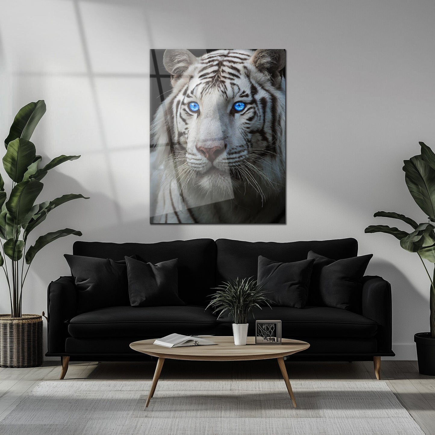 Art mural en verre Tigre blanc aux yeux bleus – Portrait saisissant d'une faune majestueuse au regard perçant-KAFCD016