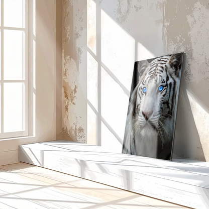 Art mural en verre Tigre blanc aux yeux bleus – Portrait saisissant d'une faune majestueuse au regard perçant-KAFCD016