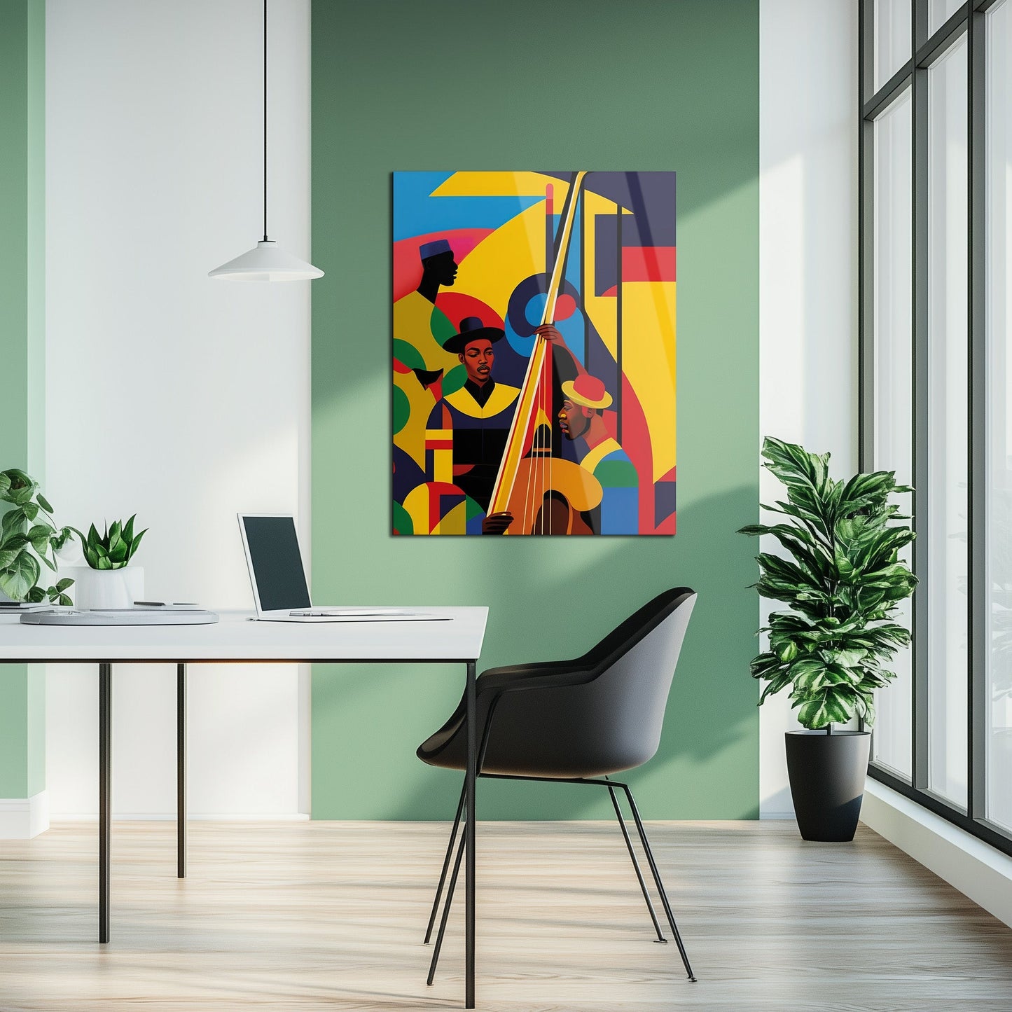 Colorful Jazz Musicians Glass Wall Art – Bold Abstract UV Print for Music Lovers-KAFCD022