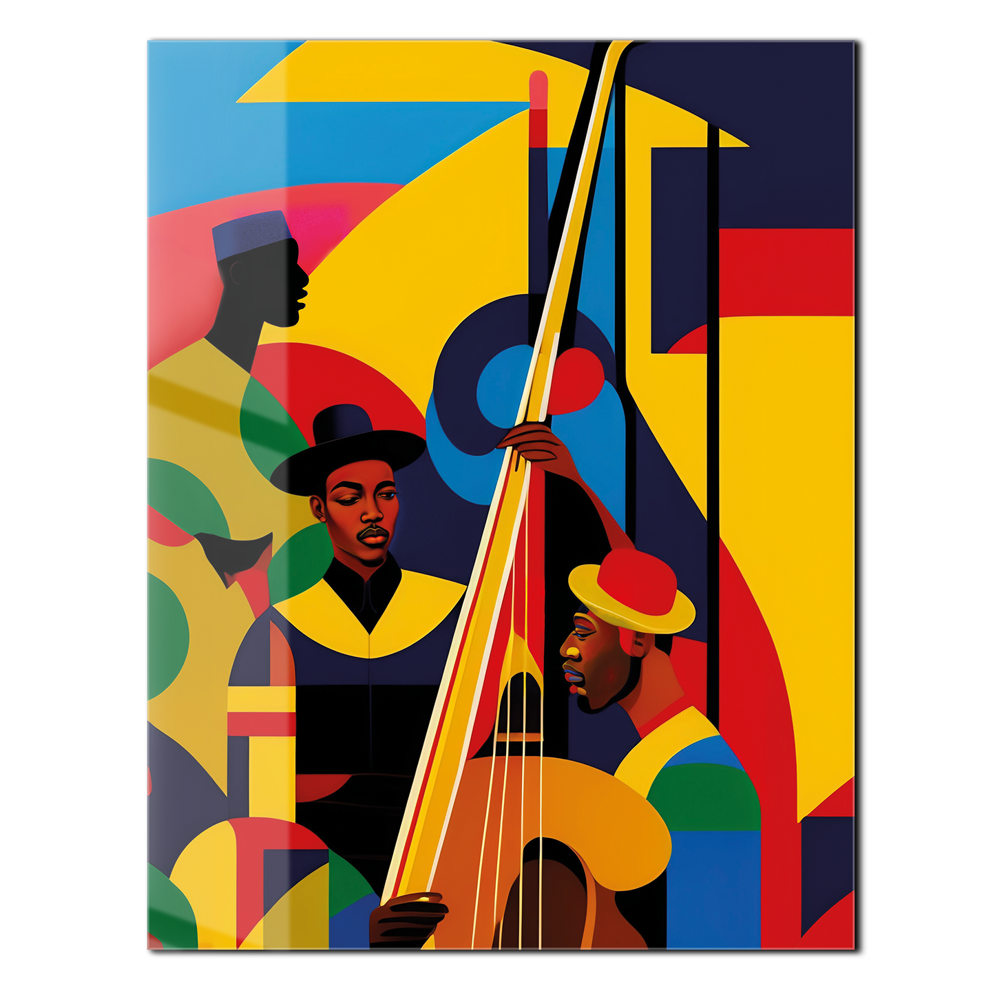 Colorful Jazz Musicians Glass Wall Art – Bold Abstract UV Print for Music Lovers-KAFCD022