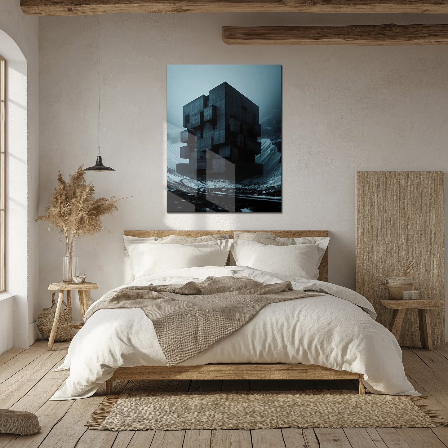 Dark Brutalist Architecture Glass Wall Art – Monolithic Structure UV Print-KAFCD025