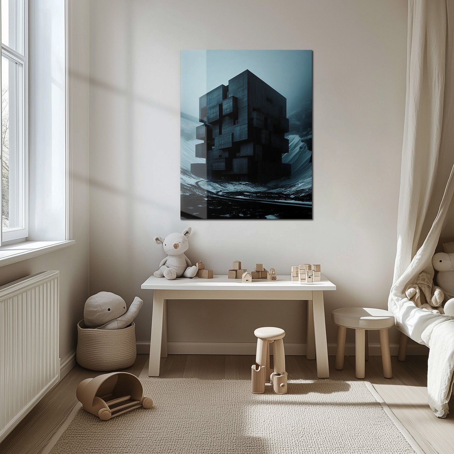 Dark Brutalist Architecture Glass Wall Art – Monolithic Structure UV Print-KAFCD025