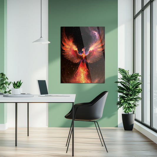 Art mural en verre Phénix de feu – Design d'impression UV Fantaisie Rebirth & Flammes-KAFCD027