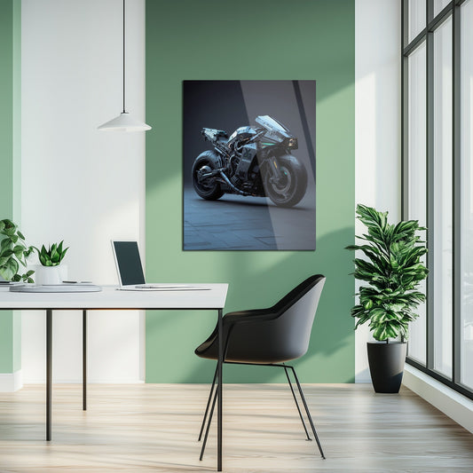 Futuristic Cyberbike Glass Wall Art – High-Tech Motorcycle UV Print Design-KAFCD029