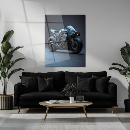 Futuristic Cyberbike Glass Wall Art – High-Tech Motorcycle UV Print Design-KAFCD029
