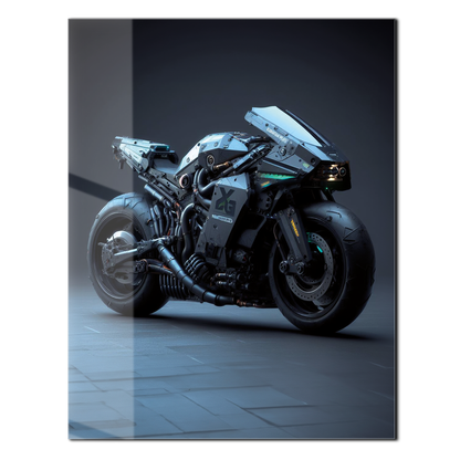Futuristic Cyberbike Glass Wall Art – High-Tech Motorcycle UV Print Design-KAFCD029
