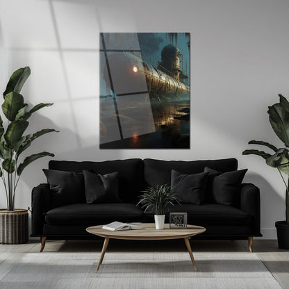 Abandoned Submarine in Swamp Glass Wall Art – Moody Nautical UV Print Design-KAFCD030