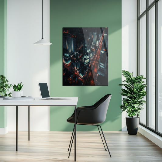 Cyberpunk Cityscape Glass Wall Art – Neon Lit Futuristic Skyline UV Print-KAFCD031