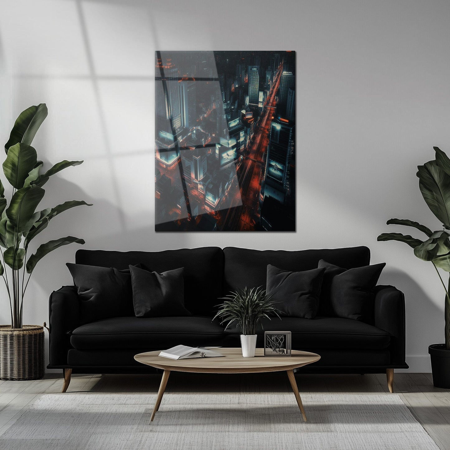 Cyberpunk Cityscape Glass Wall Art – Neon Lit Futuristic Skyline UV Print-KAFCD031