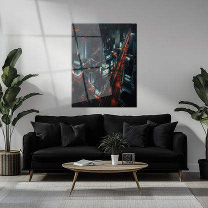 Cyberpunk Cityscape Glass Wall Art – Neon Lit Futuristic Skyline UV Print-KAFCD031