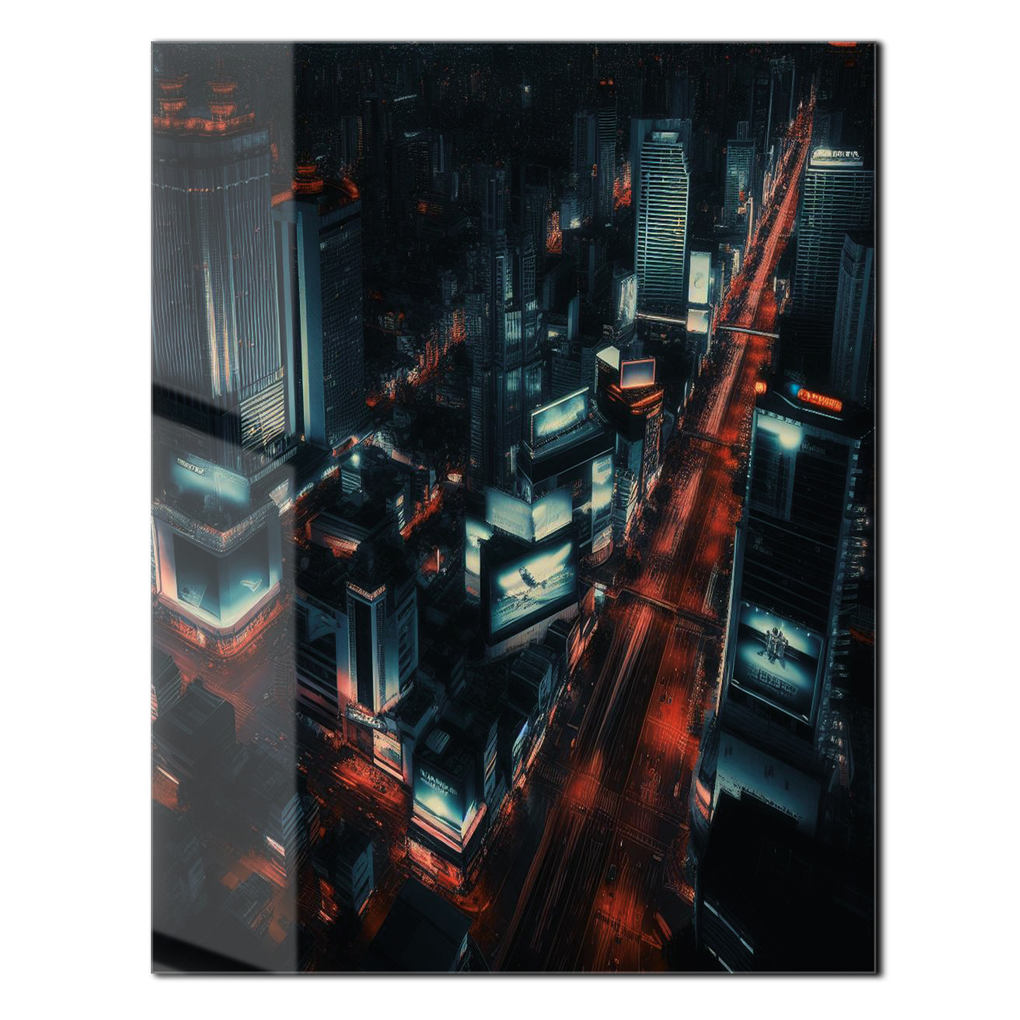 Cyberpunk Cityscape Glass Wall Art – Neon Lit Futuristic Skyline UV Print-KAFCD031
