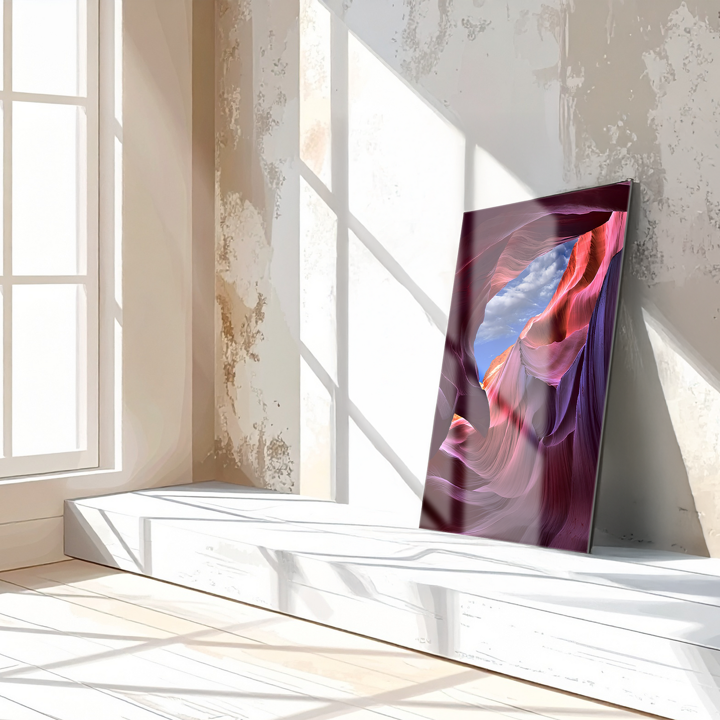 Antelope Canyon View Glass Wall Art – Vivid Desert Rock Formation UV Print-KAFCD033