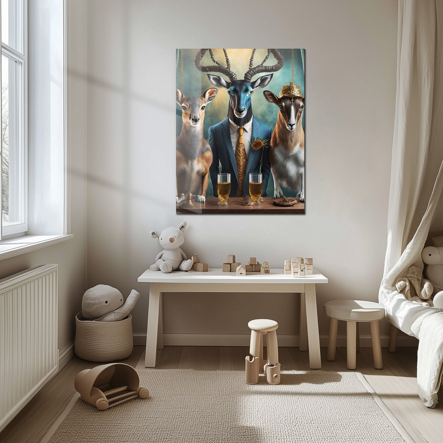 Elegant Antelope Gathering Glass Wall Art – Whimsical Animal Portrait UV Print-KAFCD036