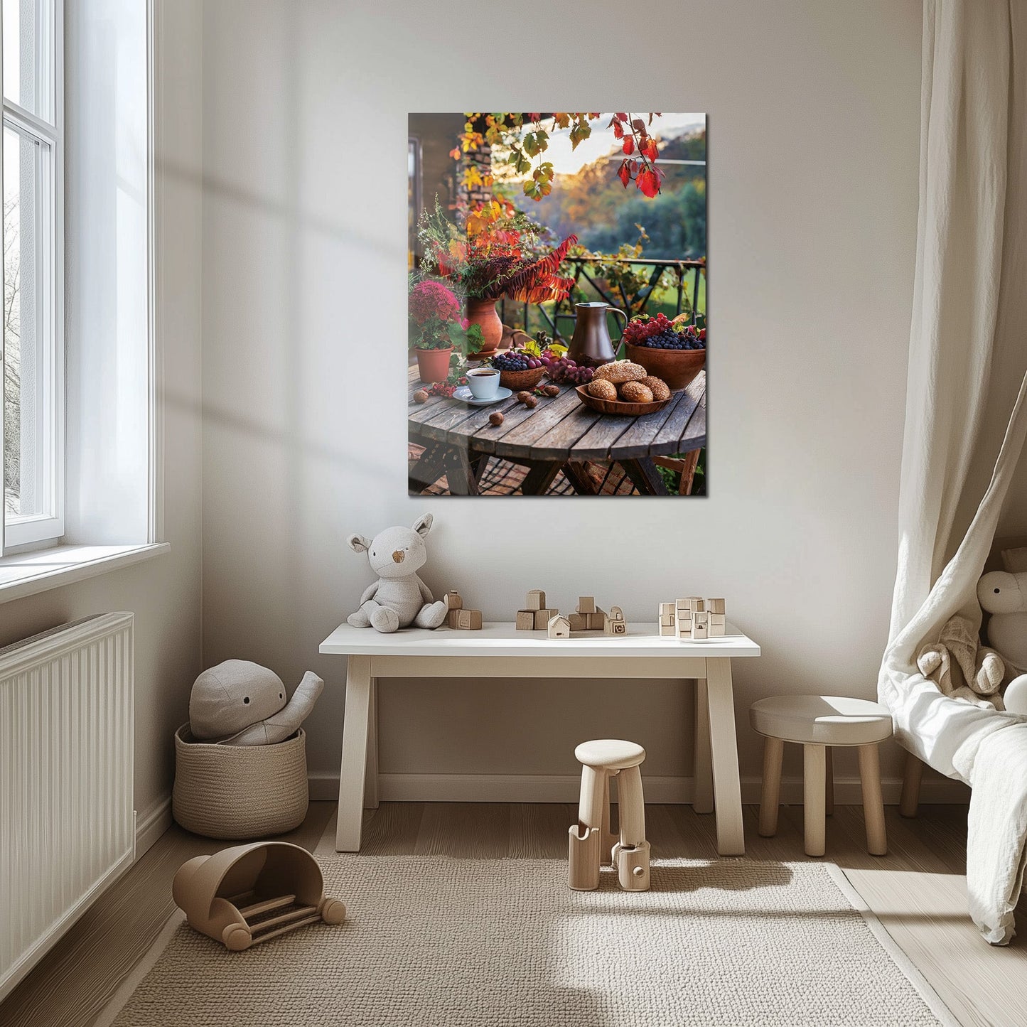 Autumn Breakfast Table Glass Wall Art – Rustic Harvest Outdoor UV Print-KAFCD045