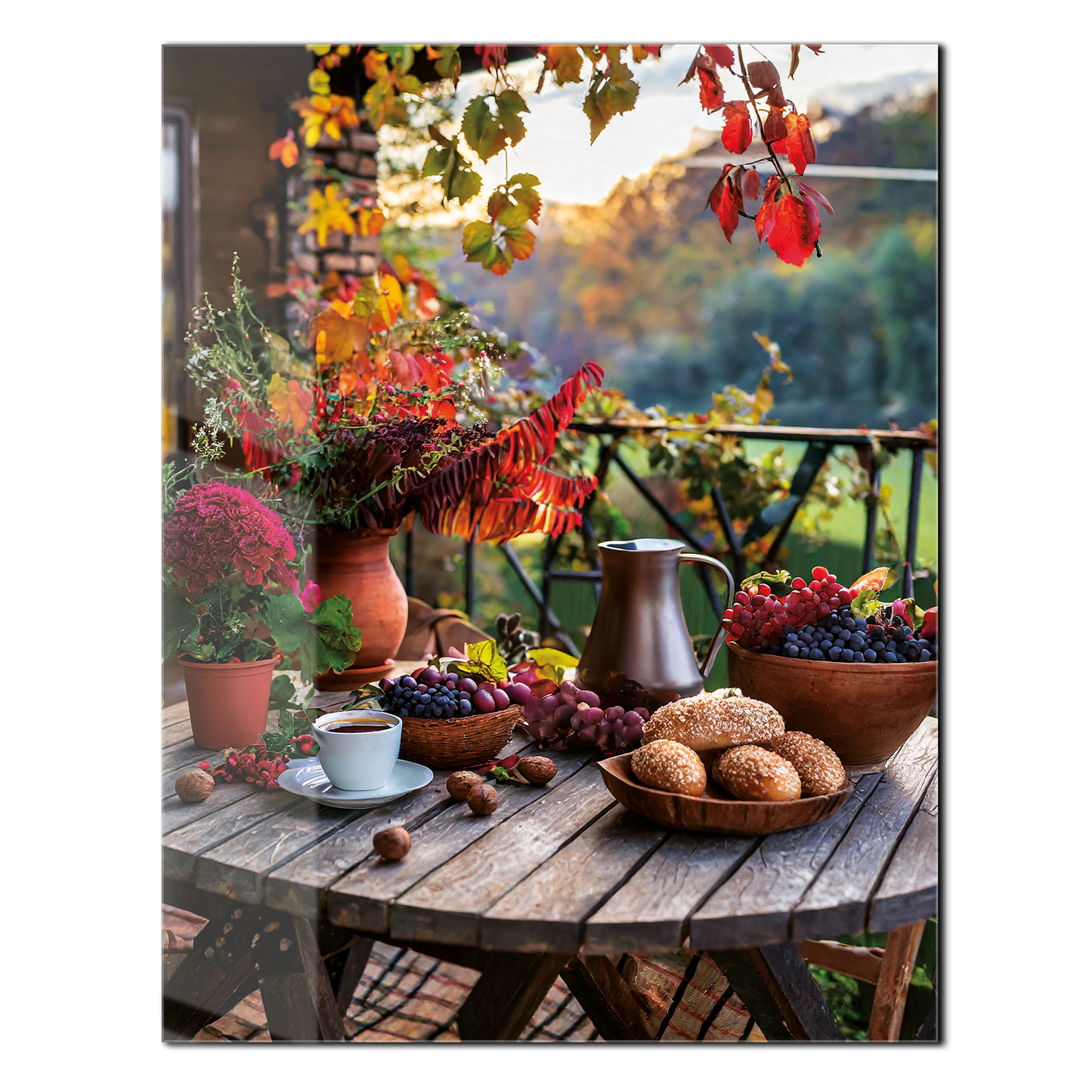 Autumn Breakfast Table Glass Wall Art – Rustic Harvest Outdoor UV Print-KAFCD045