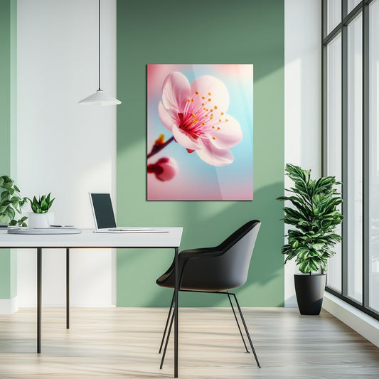 Décoration Murale en Verre Gros Plan Fleur de Cerisier – Impression UV Florale Rose Doux-KAFCD048