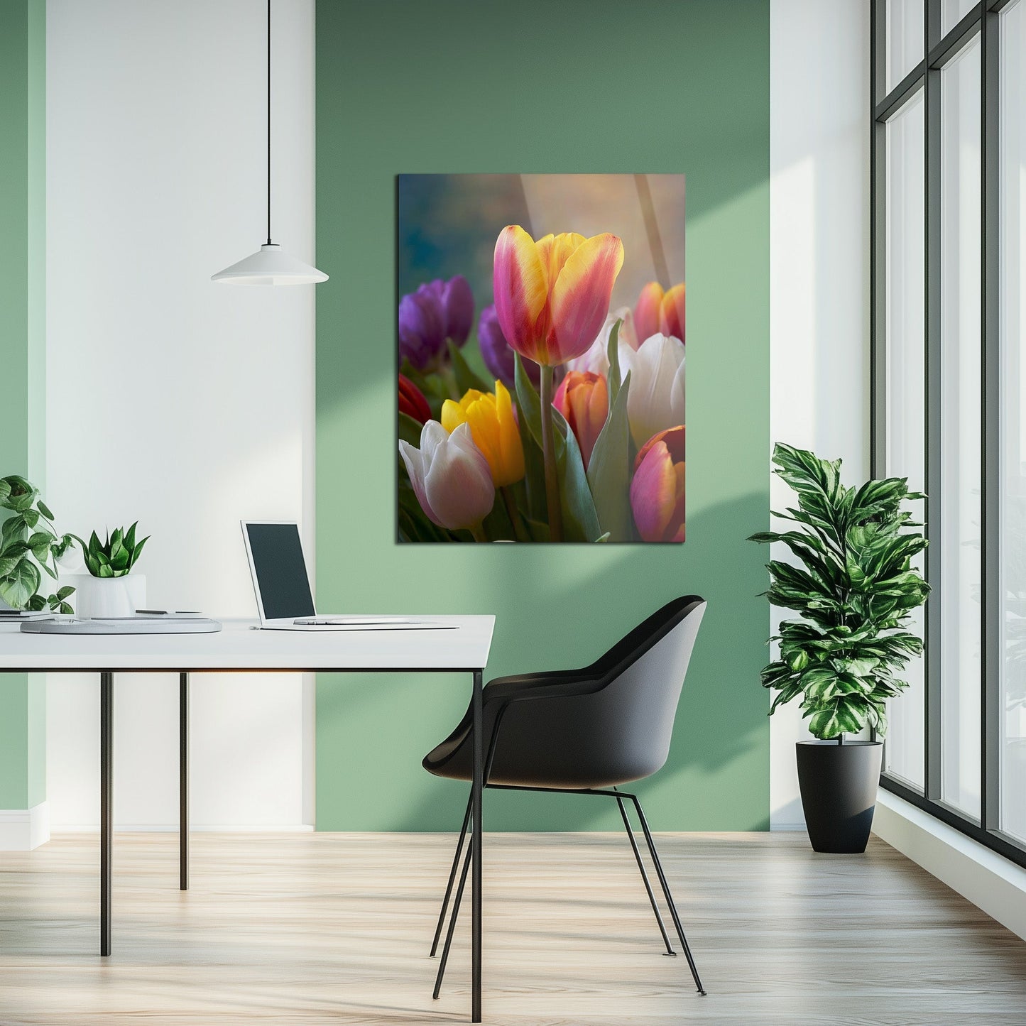 Tableau mural en verre bouquet de tulipes coloré – Impression UV florale vibrante printanière-KAFCD049