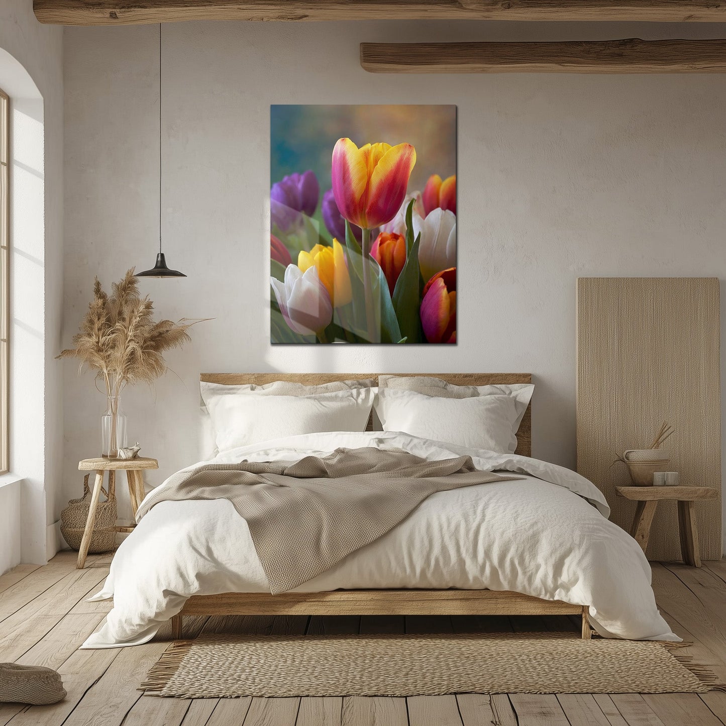 Tableau mural en verre bouquet de tulipes coloré – Impression UV florale vibrante printanière-KAFCD049