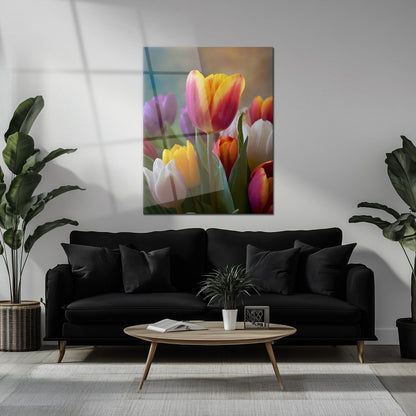 Tableau mural en verre bouquet de tulipes coloré – Impression UV florale vibrante printanière-KAFCD049