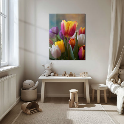 Tableau mural en verre bouquet de tulipes coloré – Impression UV florale vibrante printanière-KAFCD049