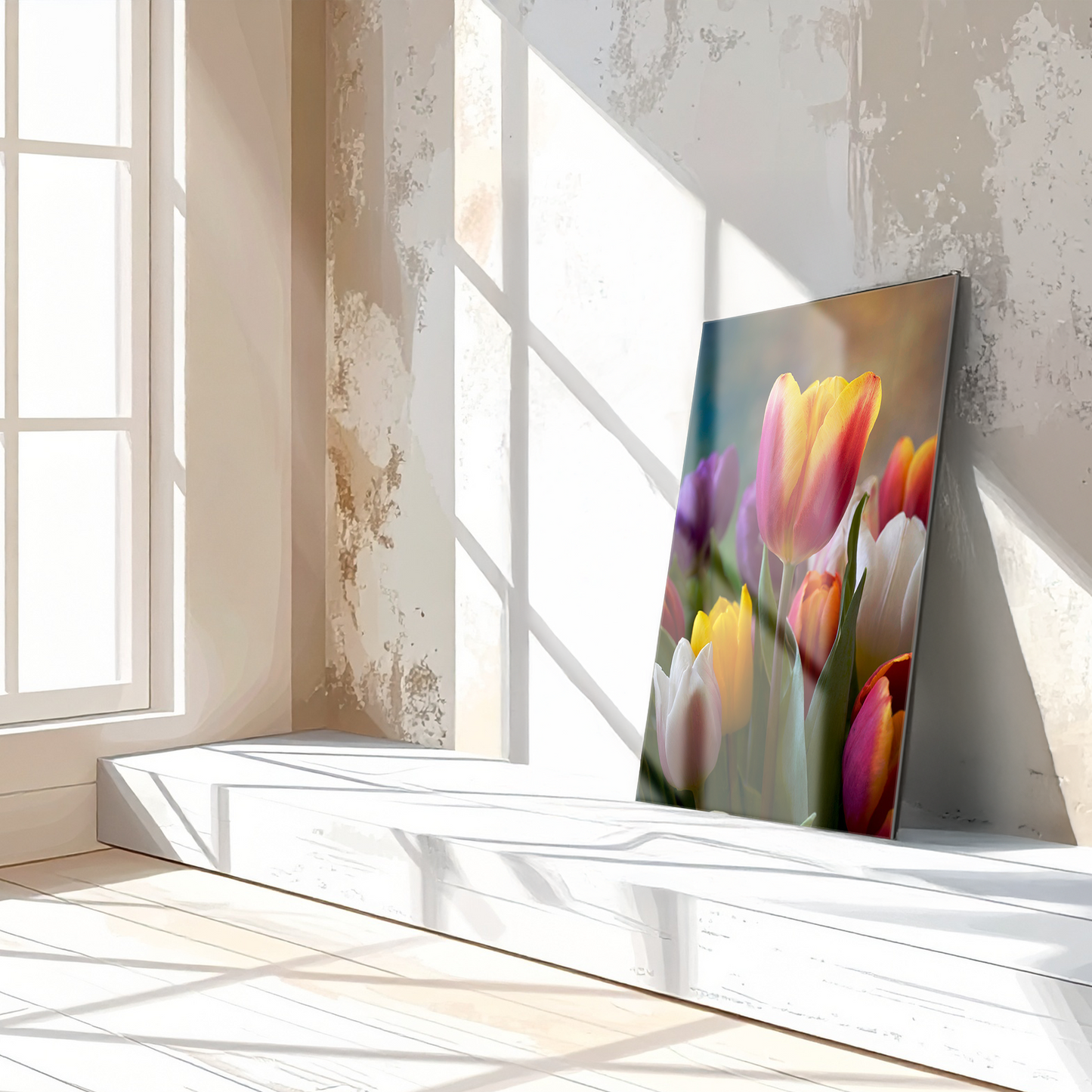 Tableau mural en verre bouquet de tulipes coloré – Impression UV florale vibrante printanière-KAFCD049