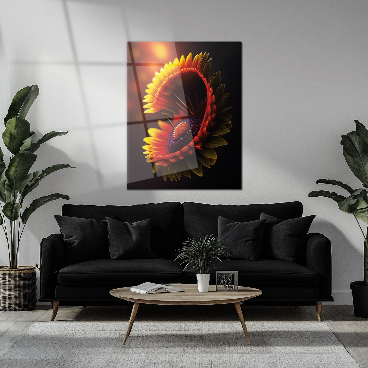 Abstract Fire Petal Bloom Glass Wall Art – Glowing Floral UV Print Design-KAFCD050