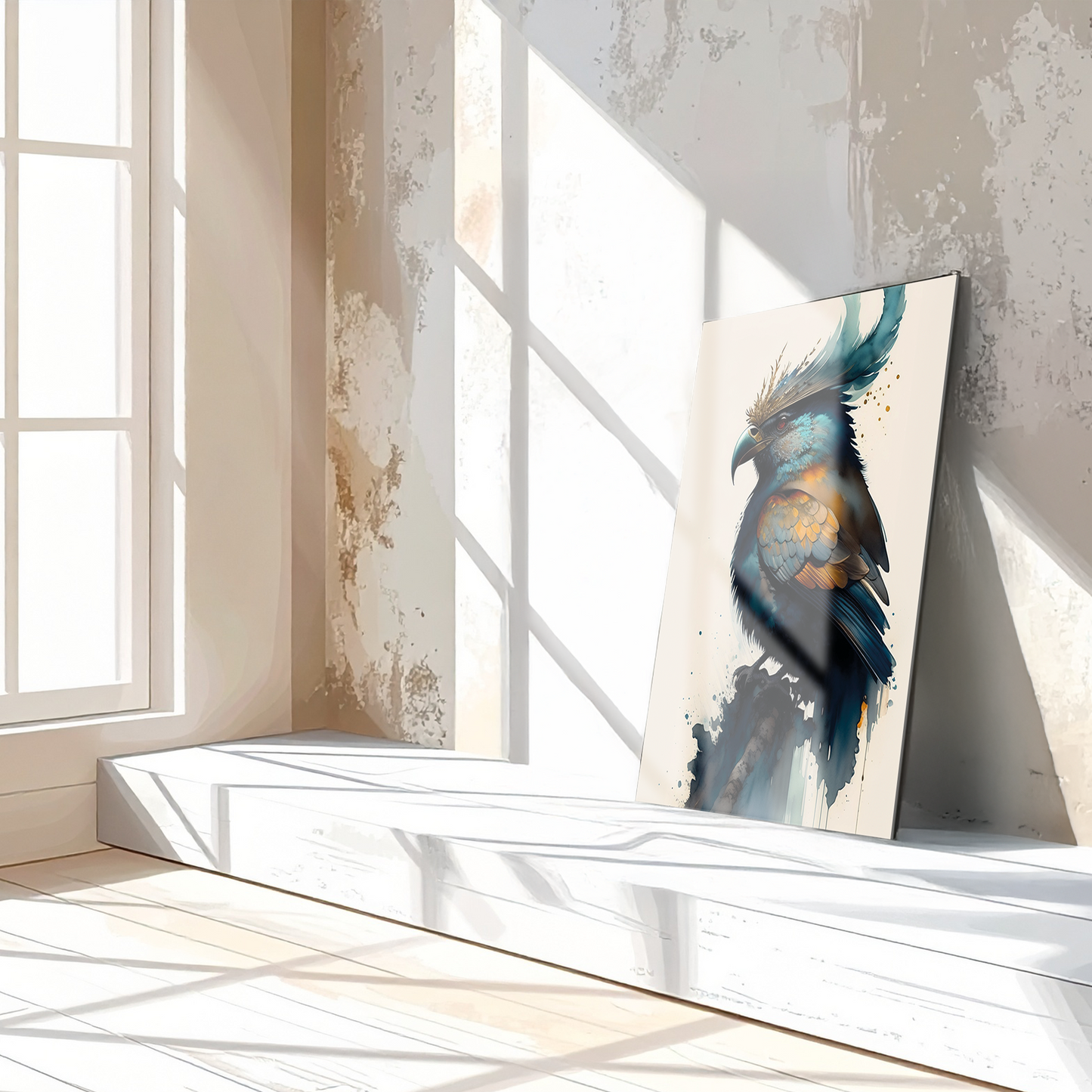 Fantasy Crowned Bird Glass Wall Art – Colorful Watercolor UV Print Design-KAFCD051