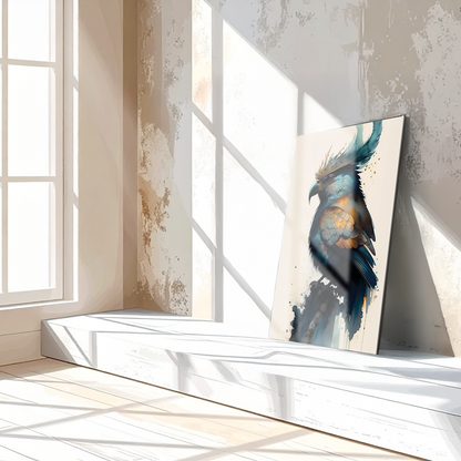 Fantasy Crowned Bird Glass Wall Art – Colorful Watercolor UV Print Design-KAFCD051