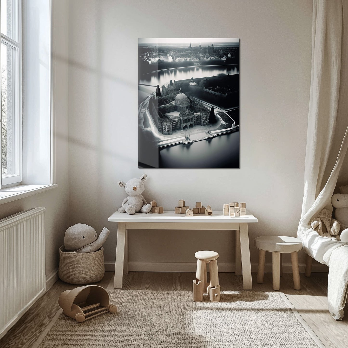 Black and White Palace Cityscape Glass Wall Art – Architectural UV Print Design-KAFCD054