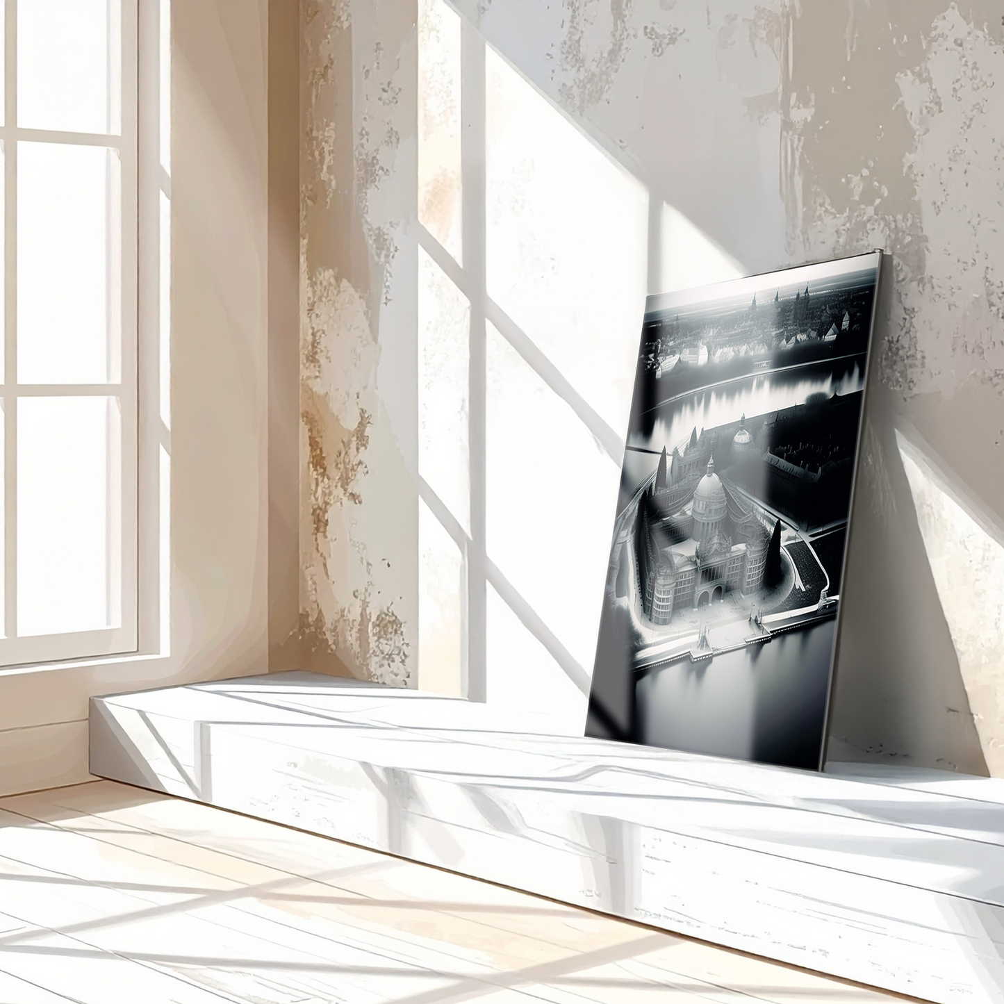 Black and White Palace Cityscape Glass Wall Art – Architectural UV Print Design-KAFCD054