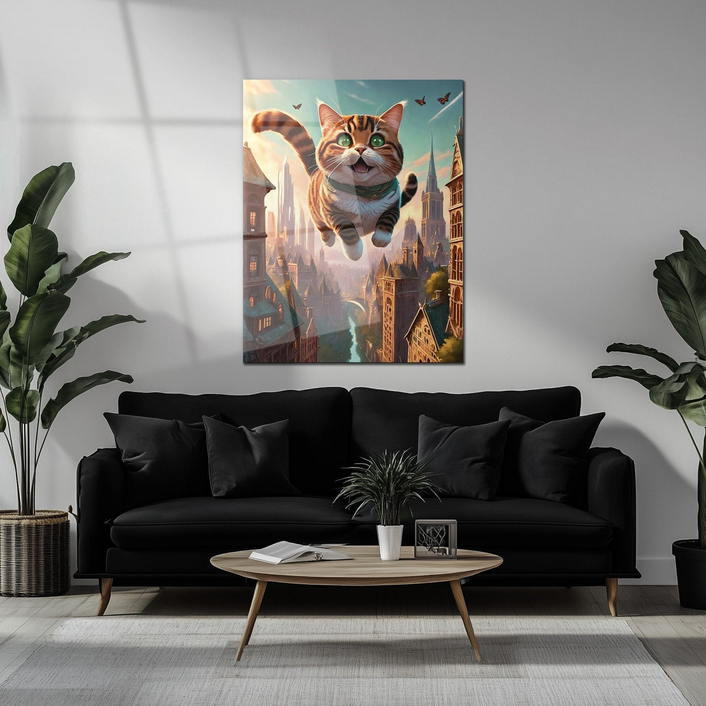 Flying Happy Cat Glass Wall Art – Fantasy City Adventure UV Print-KAFCD058