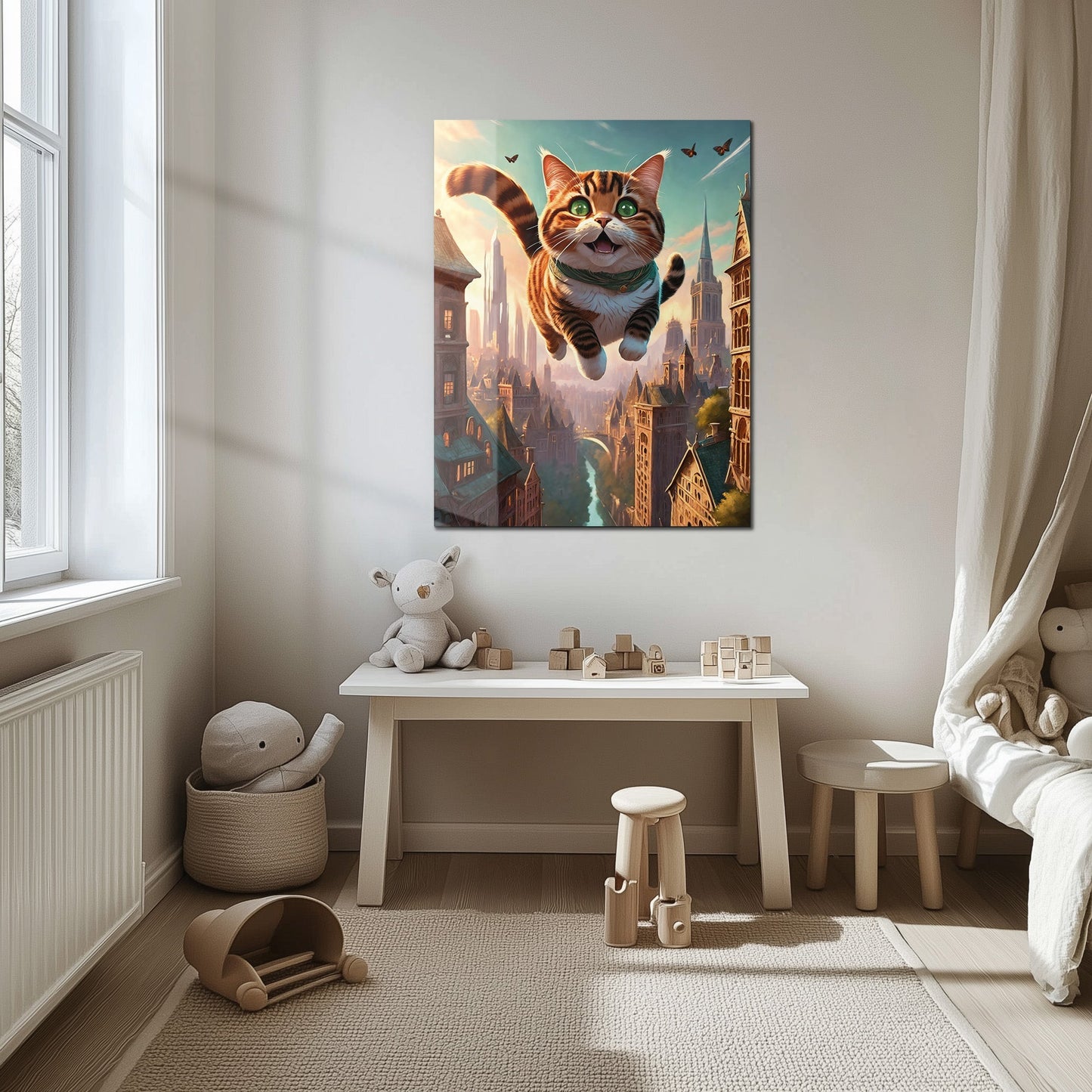 Flying Happy Cat Glass Wall Art – Fantasy City Adventure UV Print-KAFCD058