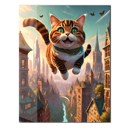 Flying Happy Cat Glass Wall Art – Fantasy City Adventure UV Print-KAFCD058