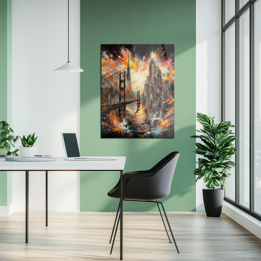 Explosive Golden Gate Cityscape Glass Wall Art – UV Printed Urban Abstract Panel-KAFCD061