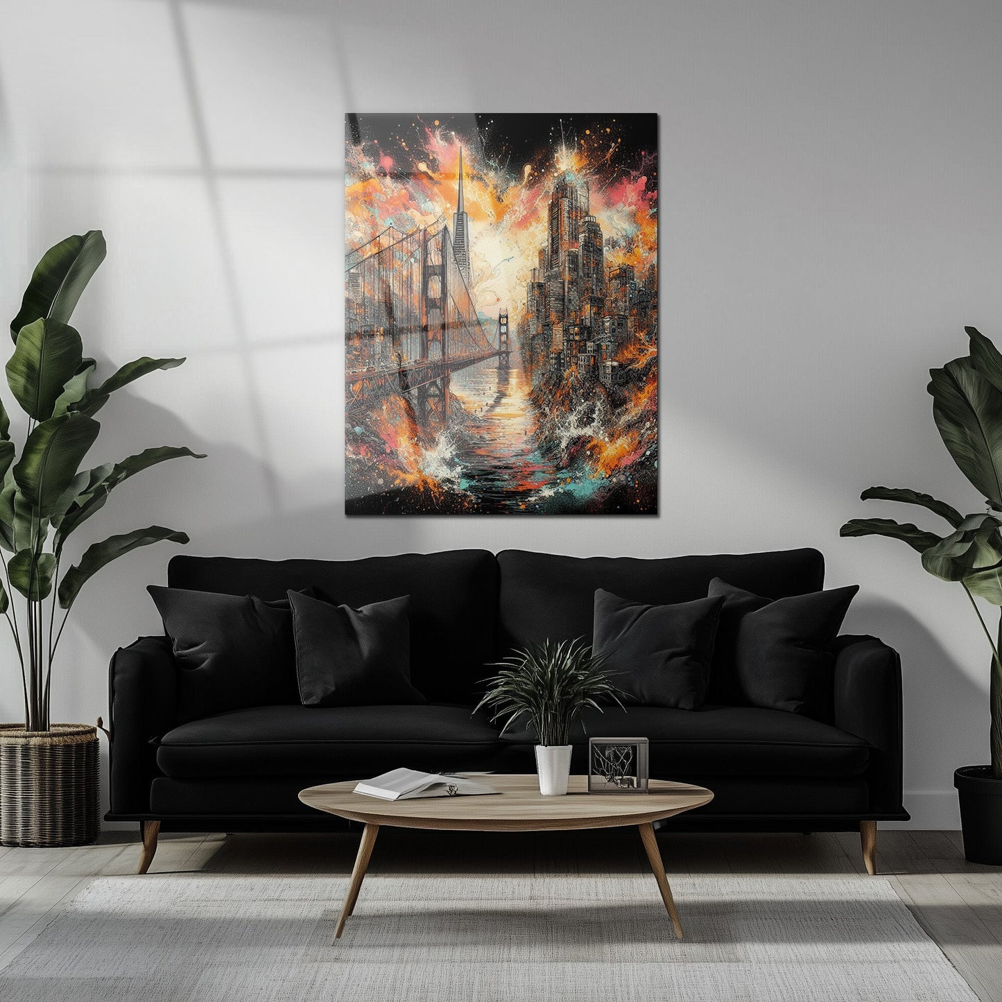 Explosive Golden Gate Cityscape Glass Wall Art – UV Printed Urban Abstract Panel-KAFCD061